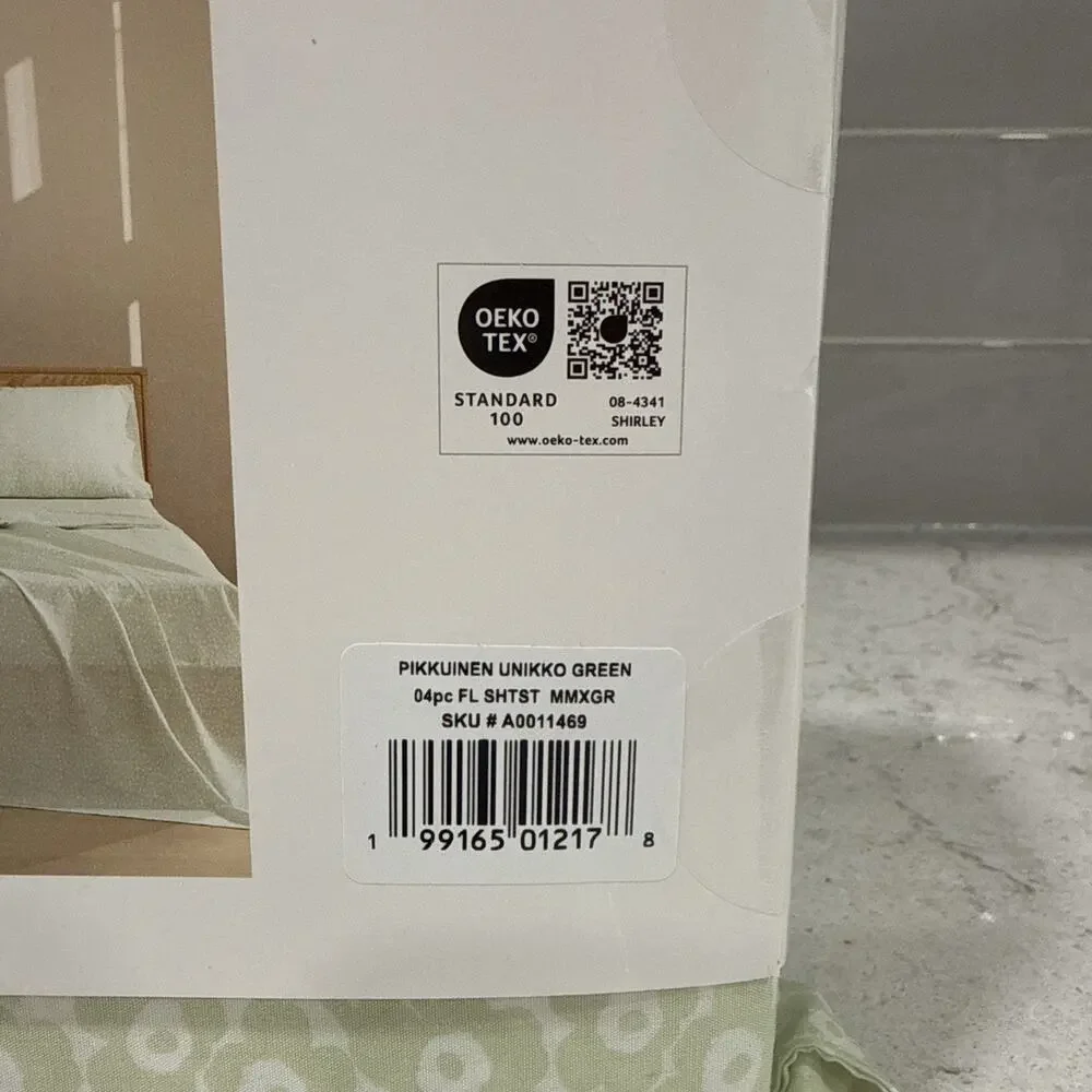 Marimekko PIKKUINEN UNIKKO GREEN 100% Cotton 4 pc Full Sheet Set New